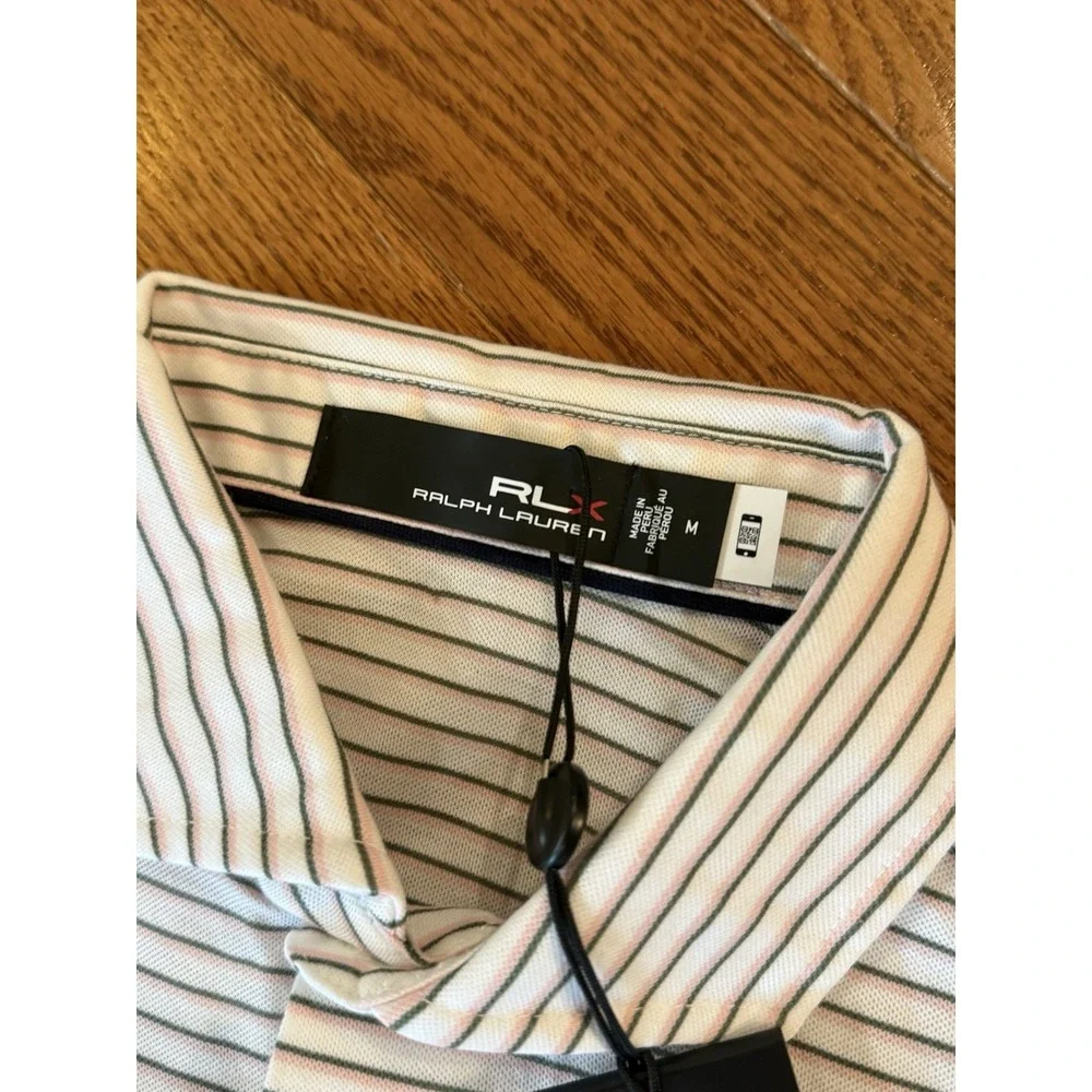 NWT RLX Ralph Lauren Performance Golf Polo Pink Sand Striped Size M Wicking